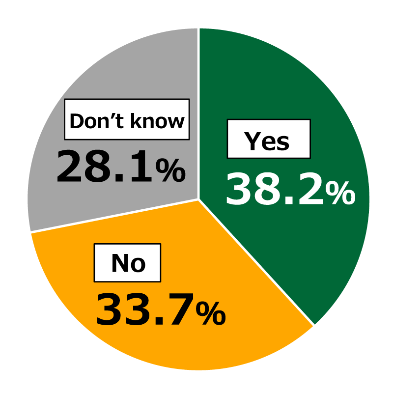 Pie chart showing results from Awareness Survey of 18-Year-Olds: In response to the question, “Do you feel that your reading skills are weak?”, 38.2% of respondents replied “Yes,” 33.7% replied “No,” and 28.1% replied “Don’t know.”