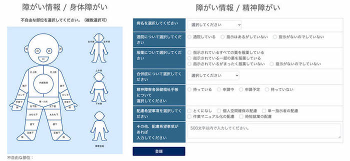 画像:「障害者翻訳」サービスの画面
左側:
障害情報/身体障害
不自由な部位を選択してください(複数選択可)
※ブイくんを使って選択
右側:
障害情報/精神障害
・病名を選択してください(プルダウン)
・通院について選択してください(通院している、指示はあるがしていない、指示がないのでしていない)
・服薬について選択してください(指示されているすべての薬を服薬している、指示されている一部の薬を服薬している、指示されているがまったく服薬していない、指示がないのでしていない)
・合併症について選択してください(プルダウン)
・精神障害者保健福祉手帳について選択してください(持っている、申請中、申請予定、持っていない)
・配慮希望事項を選択してください(とくになし、個人空間の配慮、単一指示者の配慮、作業マニュアル化の配慮、時短就業の配慮
・その他、配慮希望事項があれば入力してください(500文字以内で入力してください)
登録ボタン
