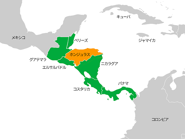 ホンジュラス周辺国の地図。国境が接しているのはグアテマラ、エルサルバドル、ニカラグア。その他の近隣諸国はベリーズ、コスタリカ、パナマ、メキシコ、キューバ、ジャマイカ、コロンビア。