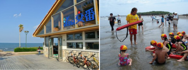 Photo of exterior of the Aoshima Beach Center Nagisa-no-Koban (left); Photo of a lifesaver teaching a course for children (right)