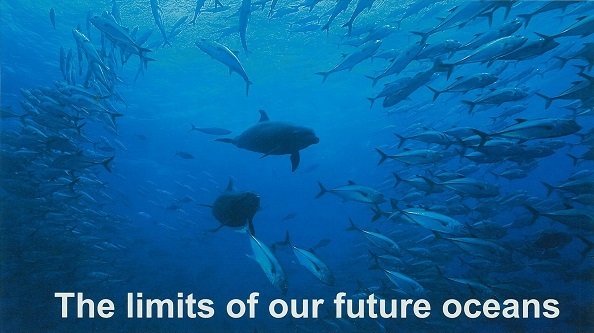 Promotional image showing fish swimming in the ocean, titled "The limits of our future oceans," provided by the Nereus Program
