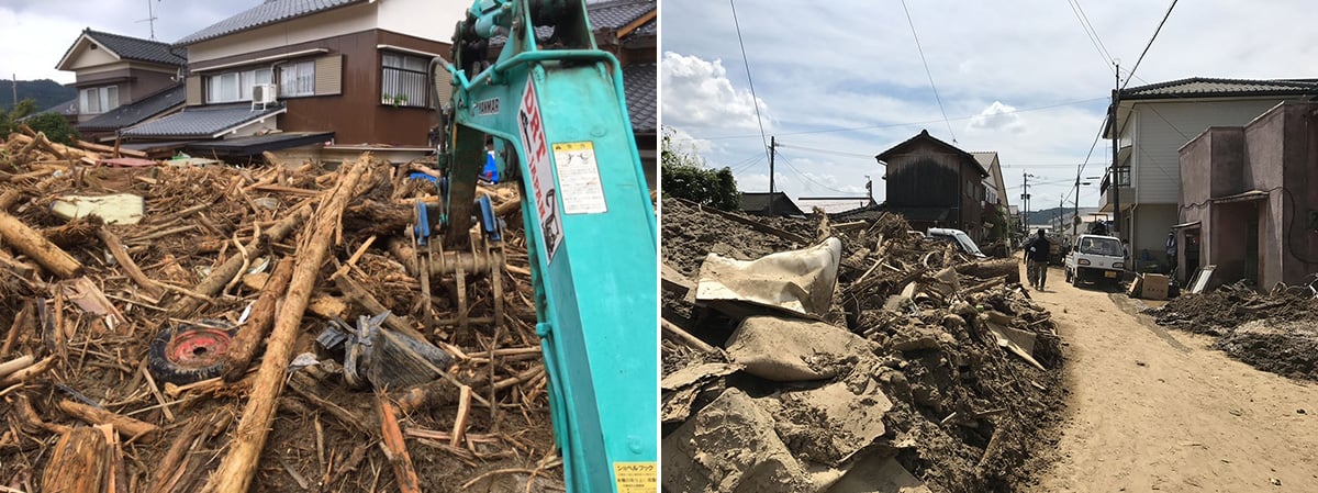 写真2枚：住宅に流れ込んだ土砂