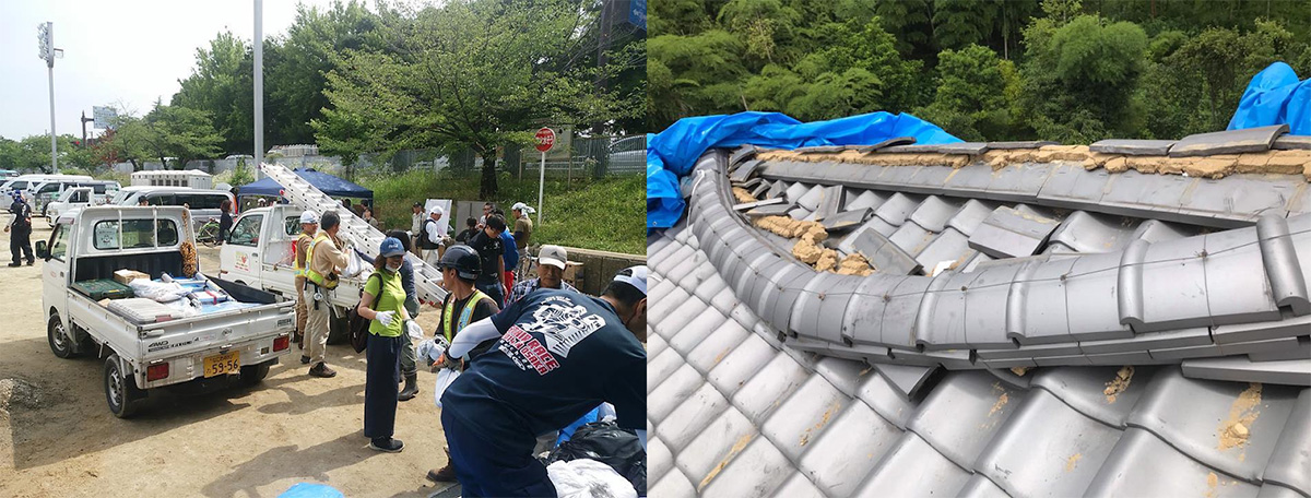 写真：被災地で作業する先遣隊（左）、被災して壊れた屋根瓦（右）
