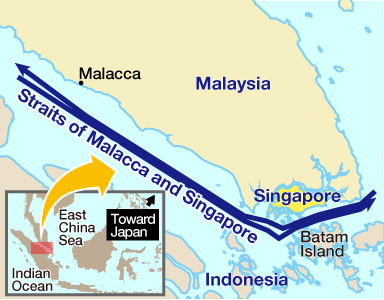Map of the Straits of Malacca and Singapore, located to Japan's southwest between the East China Sea and the Indian Ocean