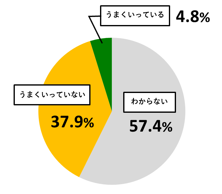 18歳意識調査結果の円グラフ：わからないが57.4％。うまくいっていないが37.9％。うまくいっているが4.8％。