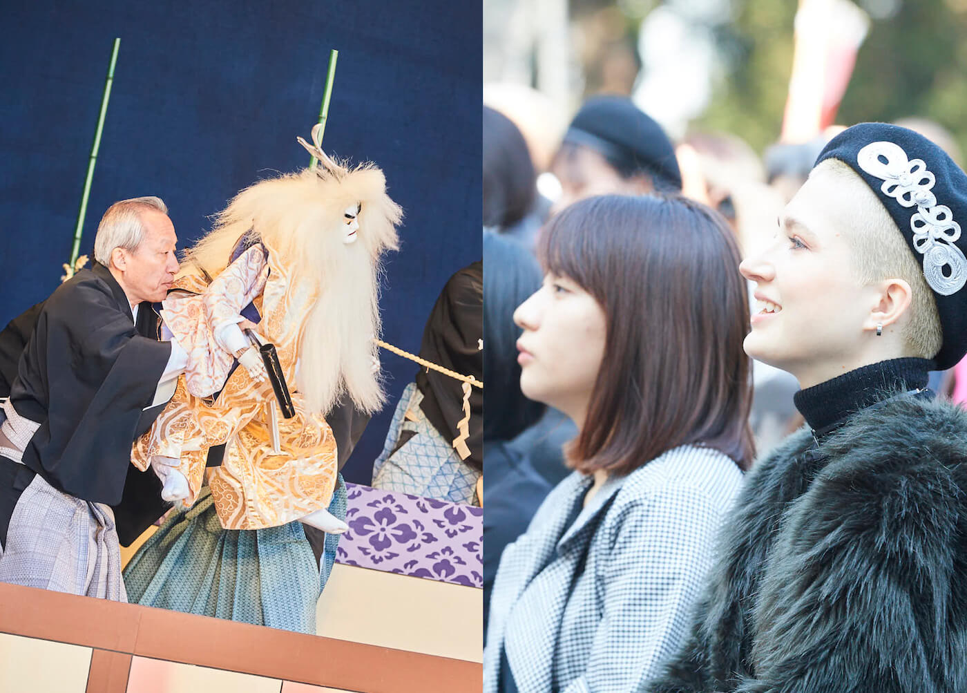 写真：左は文楽の人形と人形遣い。右は舞台に見入る外国人のナナさん、大学生の田村さん