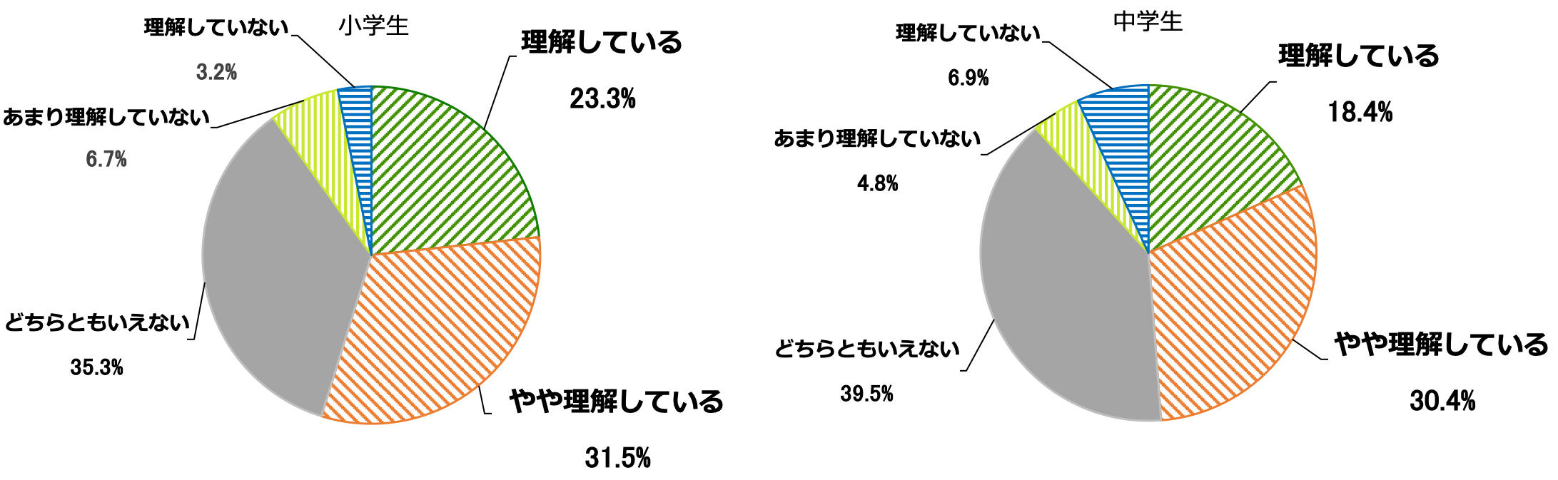 「養護教諭」の食物アレルギーに対する理解度を示す円グラフ(※単数回答)。小学生は、理解している23.3%、やや理解している31.5%、どちらともいえない35.3%、あまり理解していない6.7%、理解していない3.2%。中学生は、理解している18.4%、やや理解している30.4%、どちらともいえない39.5%、あまり理解していない4.8%、理解していない6.9%。