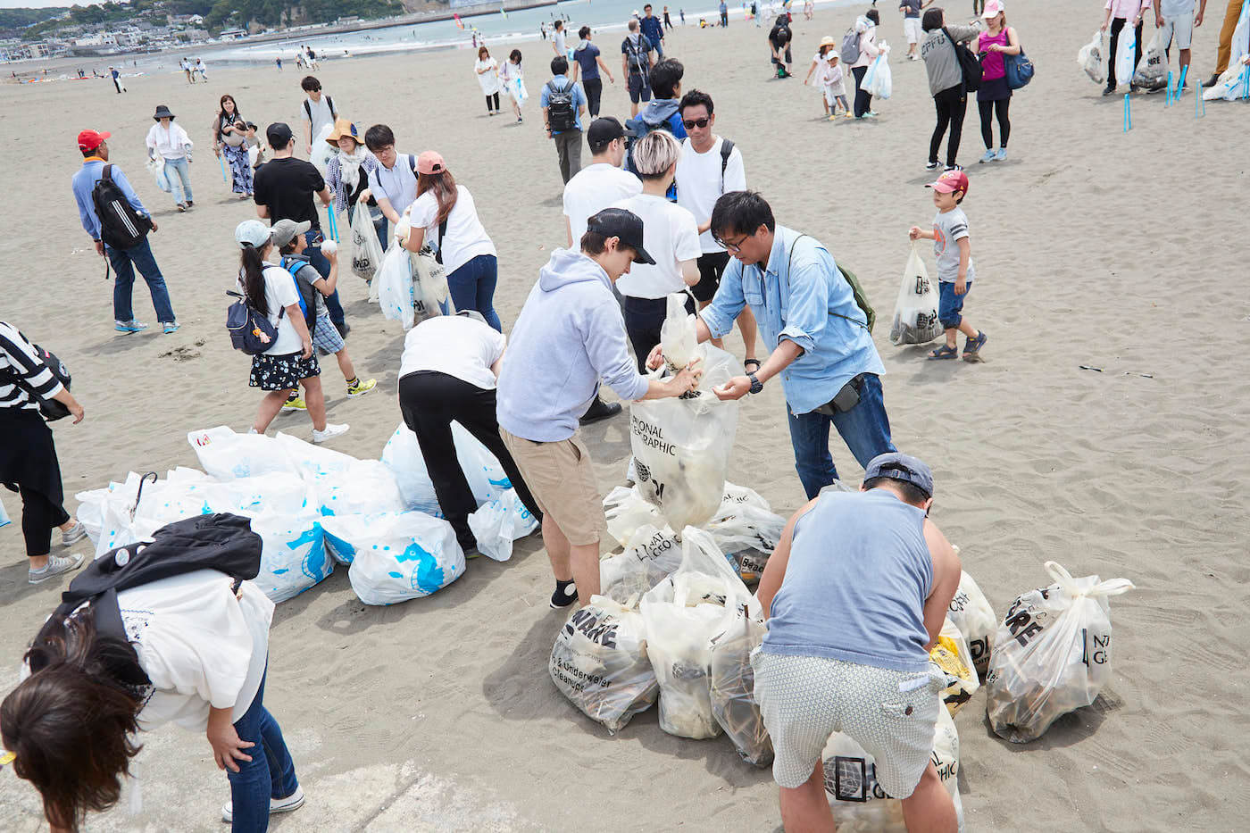 写真：海でごみを拾い集める大勢の一般ボランティア