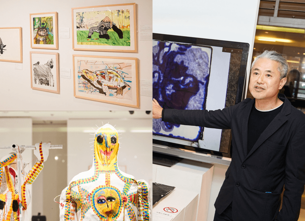 写真：右から時計回りで、作品の説明をするアートディレクターの中津川さん、立体打つの作品、絵画作品