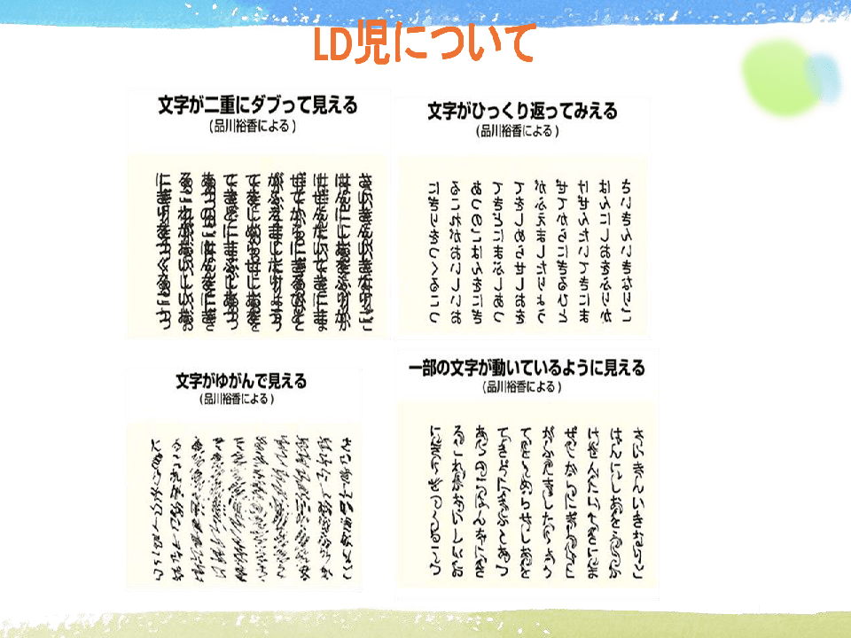 画像イメージ：学習障害を抱える子ども（LD児）の視点から見た文字。左上から時計回りで、文字が二重にダブって見える症状例、文字がひっくり返って見える症状例、一部の文字が動いて見える症状例、文字がゆがんで見える症状例