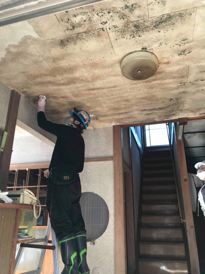 写真：鋸南町の住宅の天井についたカビを清掃する「Kissin’ heart 東北」のメンバーの様子