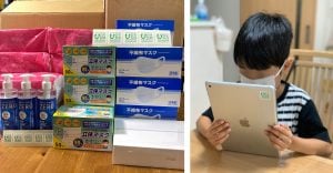 画像左側、商品＋財団ステッカーの写真。右側、配布されたタブレットを操作する子どもの写真。