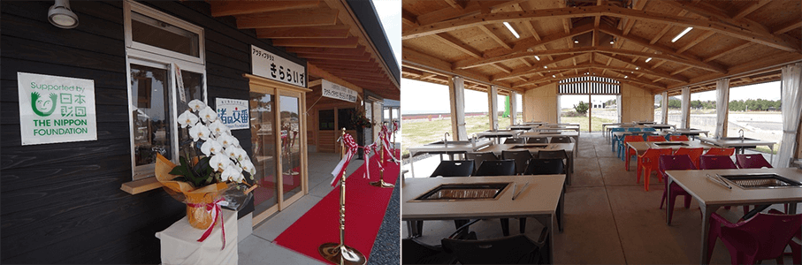 Photographs: Barrier-free reception area and garage (left); Wheelchair-accessible covered barbeque space (right)