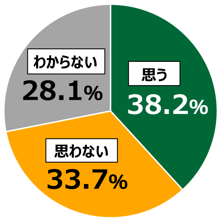 18歳意識調査結果の円グラフ：思う38.2%。思わない33.7％。わからない28.1%。