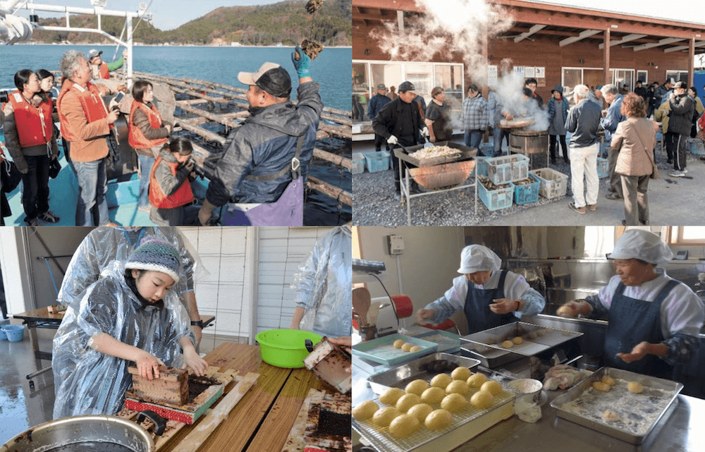 写真：左上から時計回りで長面浦（宮城県石巻市）で、地域住民を船に乗せて周遊する漁師、長面浦番屋（宮城県石巻市）で地域住民に海産物を振る舞う漁業関係者、大谷海岸番屋（宮城県気仙沼市）で、金の産出地であった本吉町にちなんだ「黄金まんじゅう」を作る女性たち、宮戸番屋でノリ抄き（※）を体験中の子ども