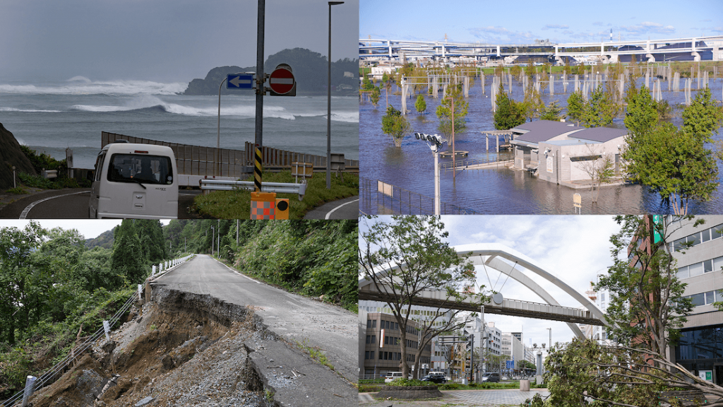 写真:左上から時計回りで「高波の付近の道路を走る車」「浸水した家」「街の中での倒れた木」「土砂崩れした山の道路」