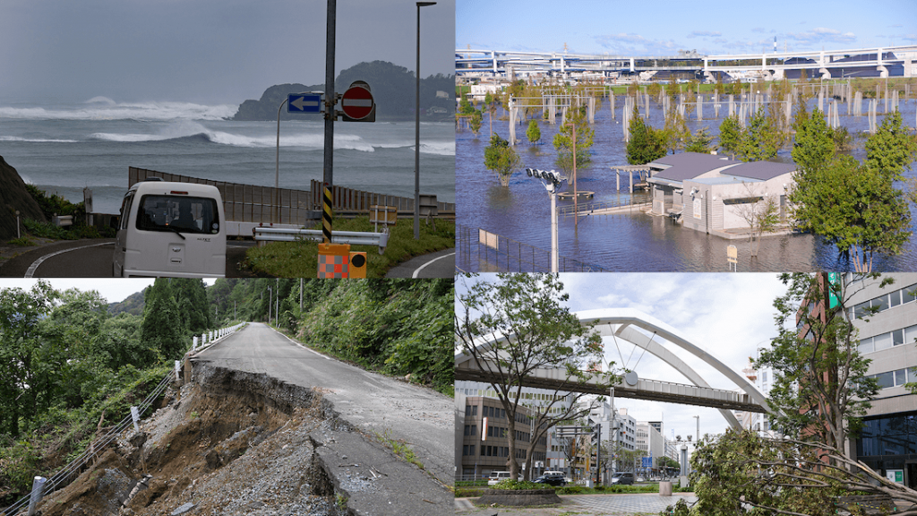 写真：左上から時計回りで「高波の付近の道路を走る車」「浸水した家」「街の中での倒れた木」「土砂崩れした山の道路」