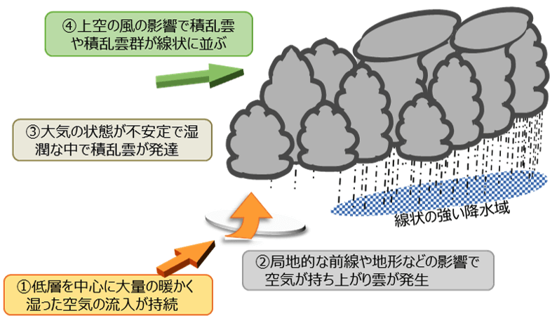 画像：
1.低層を中心に大量の暖かく湿った空気の流入が持続。
2.局地的な前線や地形などの影響で空気が持ち上がり雲が発生。
3.大気の状態が不安定で湿潤な中で積乱雲が発達
4.上空の風の影響で積乱雲や積乱雲群が線状に並ぶ。