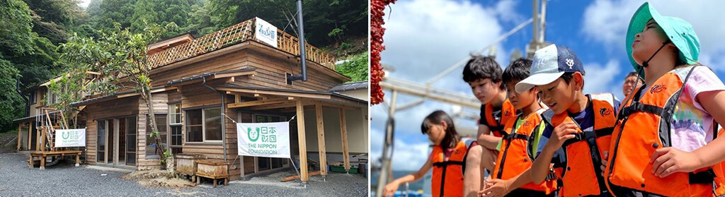 写真:渚の交番 雄勝の外観(写真左)、漁村留学で漁師体験をする子どもたちの様子(写真右)