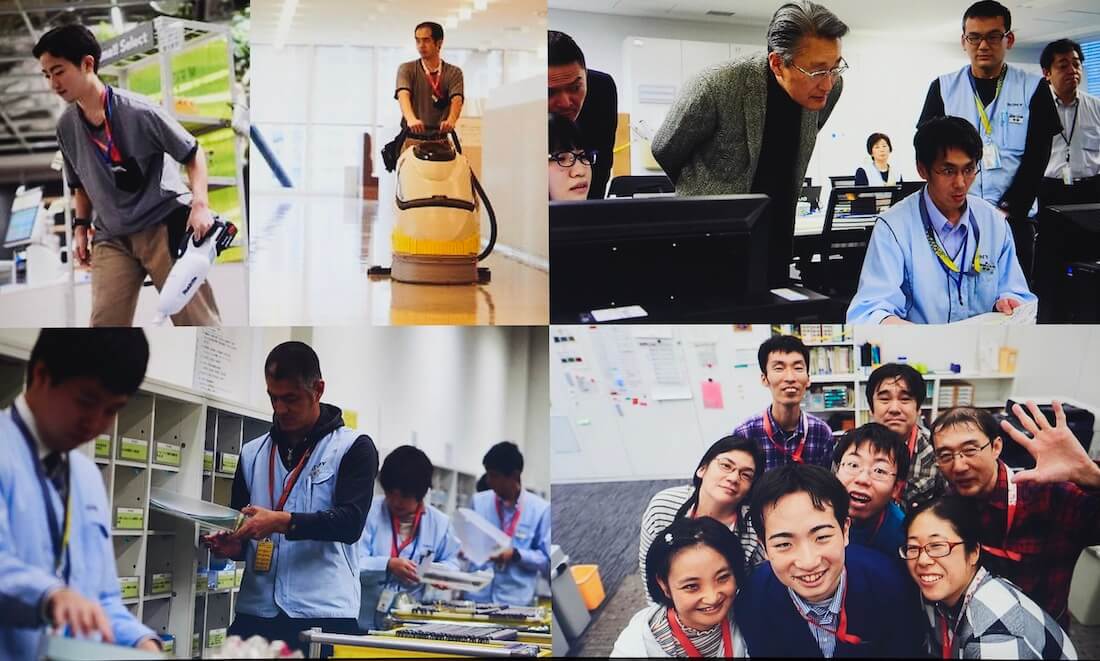 写真:左上から時計回りで、施設内を清掃する障害のある社員。障害のある社員のパソコン作業を見守る平井さんとその他社員。カメラに向かって記念写真を撮影する障害者を含む社員たち。施設内で仕分け作業を行う障害のある社員たち