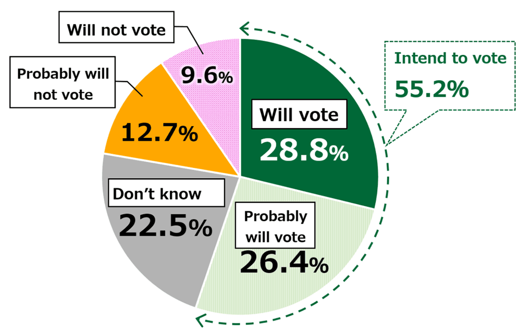 Pie chart showing results from Awareness Survey of 18-Year-Olds: In response to the question, “Do you intend to vote?”, 28.8% of respondents replied that they “Will vote” and 26.4% responded that they “Probably will vote,” and 22.5% replied that they “Don’t know,” while 12.7% replied that they “Probably will not vote” and 9.6% replied that they “Will not vote.” (n = 916)