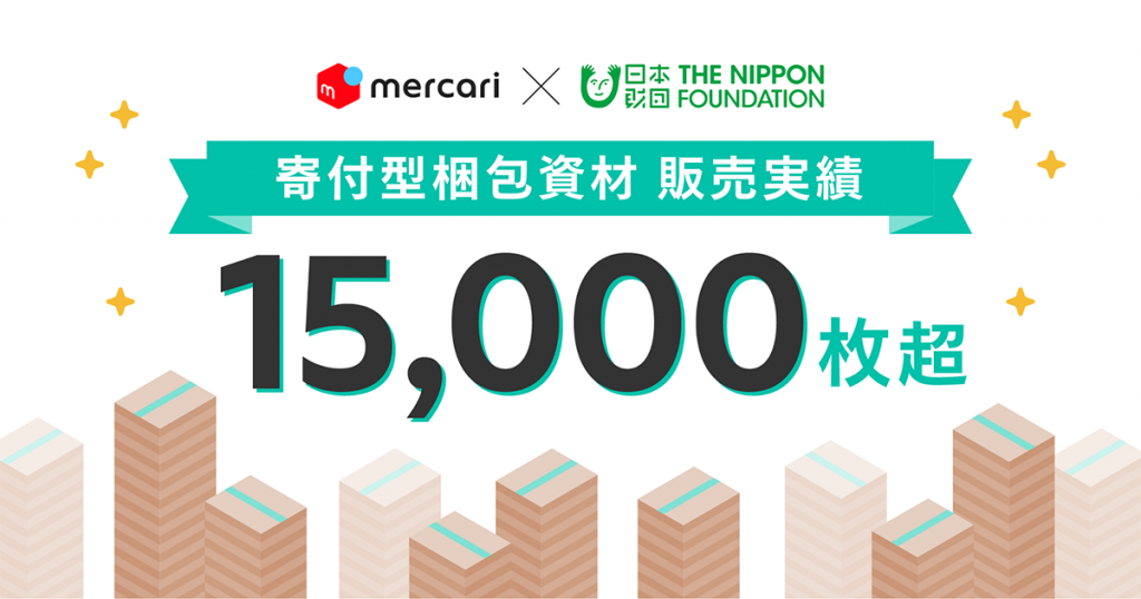イメージ画像:中央に「寄付型梱包資材販売実績15,000枚超」の文字