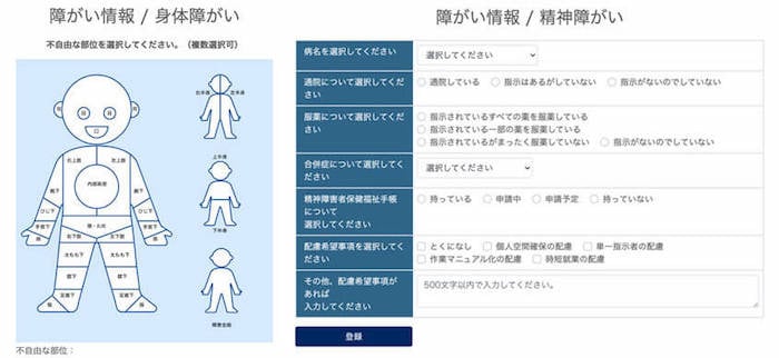 画像：「障害者翻訳」サービスの画面
左側：
障害情報／身体障害
不自由な部位を選択してください（複数選択可）
※ブイくんを使って選択
右側：
障害情報／精神障害
・病名を選択してください（プルダウン）
・通院について選択してください（通院している、指示はあるがしていない、指示がないのでしていない）
・服薬について選択してください（指示されているすべての薬を服薬している、指示されている一部の薬を服薬している、指示されているがまったく服薬していない、指示がないのでしていない）
・合併症について選択してください（プルダウン）
・精神障害者保健福祉手帳について選択してください（持っている、申請中、申請予定、持っていない）
・配慮希望事項を選択してください（とくになし、個人空間の配慮、単一指示者の配慮、作業マニュアル化の配慮、時短就業の配慮
・その他、配慮希望事項があれば入力してください（500文字以内で入力してください）
登録ボタン