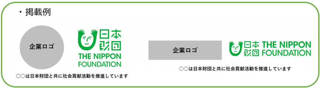 日本財団のロゴマーク掲載例のイメージ図。日本財団ロゴマークは正方形と長方形の2種。どちらも企業ロゴマークの横に日本財団ロゴマーク、その下に「〇〇は日本財団とともに社会貢献活動を推進しています」の文字。