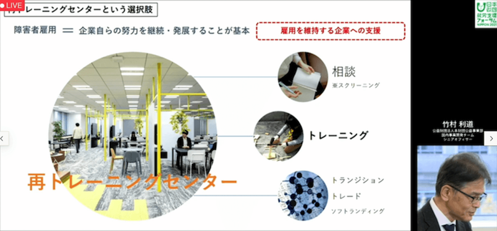 再トレーニング・トレードセンターの役割を示すスライド。
再トレーニングセンターという選択肢。
障害者雇用＝企業自らの努力を継続・発展することが基本。
雇用を維持する企業への支援。
・相談　※スクリーニング
・トレーニング
・トランジション、トレード、ソフトランディング