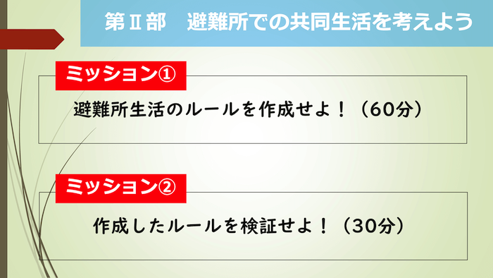 画像：第2部　避難所での共同生活を考えよう
ミッション1…避難所生活のルールを作成せよ!（60分）
ミッション2…作成したルールを検証せよ!（30分）