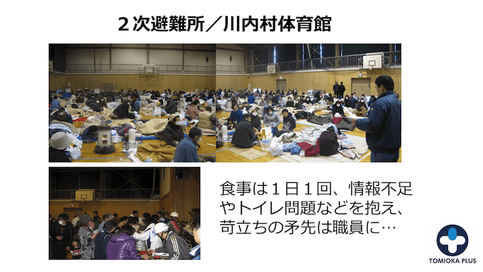 画像：2次避難所/川内村体育館
食事は1日1回、情報不足 やトイレ問題などを抱え、 苛立ちの矛先は職員に…。
写真は体育館で所狭しと場所を確保する大勢の避難者
