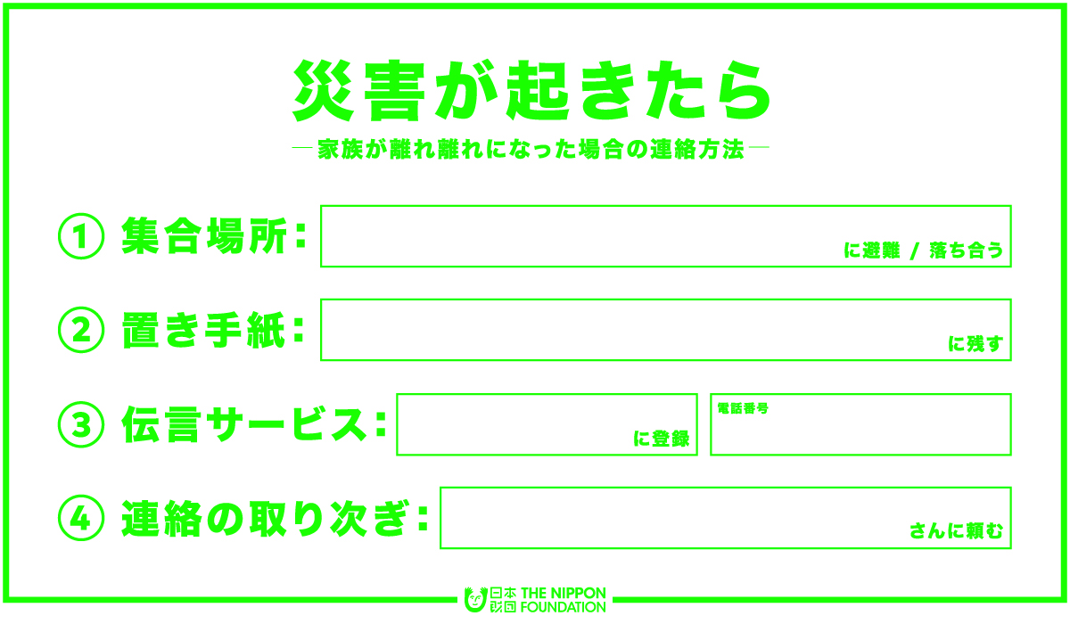 ①集合場所②置き手紙③伝言サービス④連絡の取り次ぎを記載できるカードイメージ画像