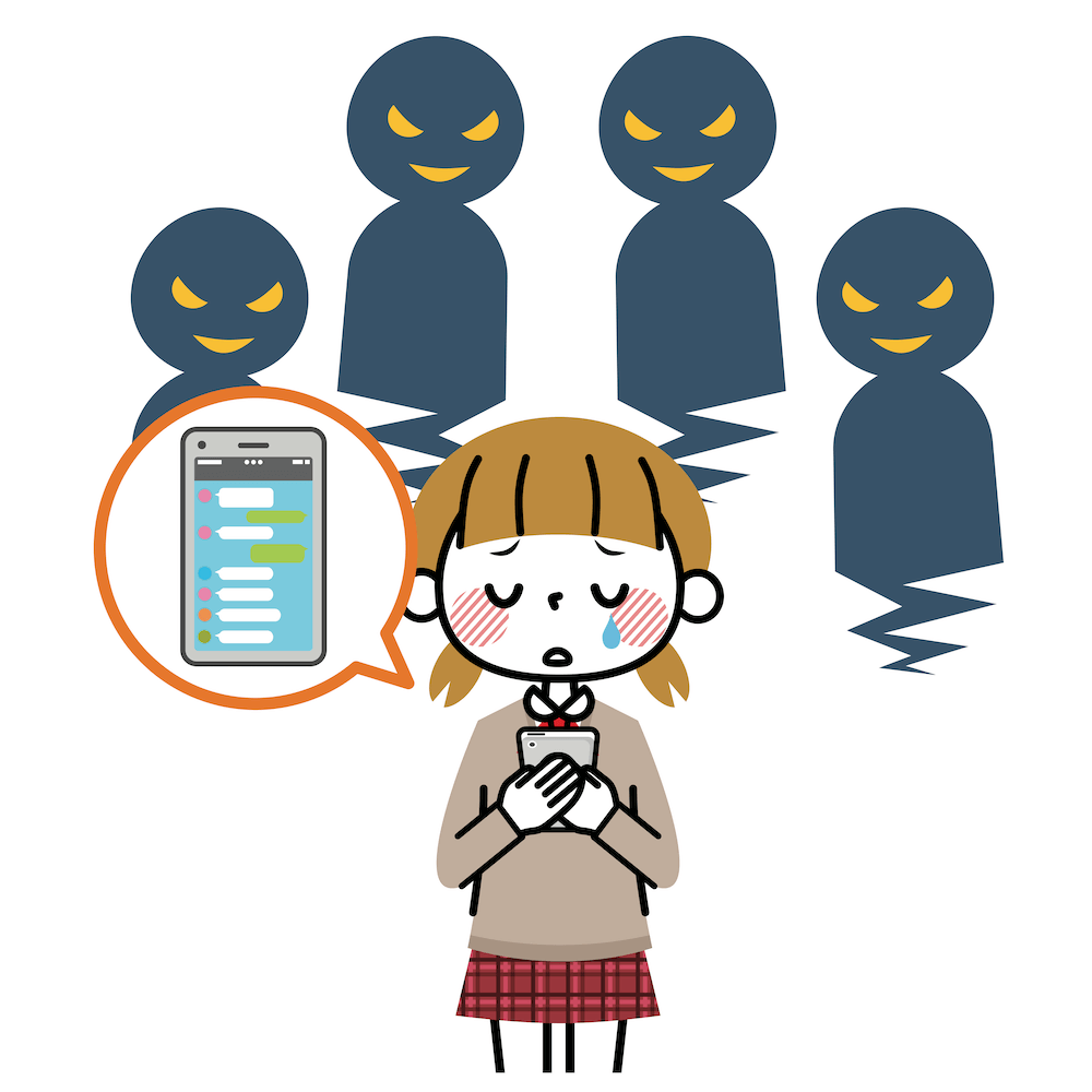 イラスト: グループのLINE内でいじめに遭い、涙する少女