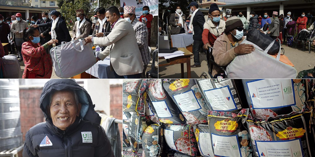 Top-left and top-right: Distributing food, clothing, and hygiene products in January 2022. Bottom-left: A person wearing a warm coat provided by the program. Bottom-right: Packages of rice to be distributed.