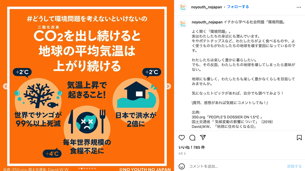 画像右：
＃どうして環境問題を考えないといけないの
CO2（二酸化炭素）を出し続けると地球の平均気温は上がり続ける。
気温上昇で起きること！
・＋2度…世界で珊瑚が99％以上死滅
・＋4度…毎年世界規模の食糧不足に
・＋2度…日本での洪水が2倍に
出典：350.org、国土交通省、David.W.W
@NO YOUTH NO JAPAN
画像左：
noyouth_nojapanのプロフィール写真
noyouth_nojapan
イチから学べる社会問題「環境問題」

よく聞く「環境問題」。
実はわたしたちの身近にも潜んでいます。
牛やポテトチップスなど、わたしたちがよく食べるものや、よく使うものもがわたしたちの地球を壊す要因になっているのです。

わたしたちは楽しく豊かに暮らしたい。
でも、その反面、わたしたちの地球を壊してしまったら意味がない。

地球にも優しく、わたしたちも楽しく豊かなくらしを目指してみませんか。

気になったトピックがあれば、自分でも調べてみよう！

\質問、感想があれば気軽にコメントしてね！/

出典:
350.org「PEOPLEʼS DOSSIER ON 1.5℃ 」
国土交通省「 気候変動の影響について」（2019）
David,W.W、「地球に住めなくなる日」
電力中央研究所「電力中央研究所報告」(2016)
JCCCA「温室効果ガスの特徴」
農林水産省「その4：お肉の自給率」「食品ロスとは」
WORLD ECONOMIC FORUM「The New Plastics Economy Rethinking the future of plastics」