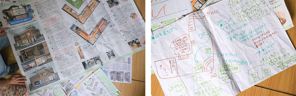 写真：新しい建物の完成予想図と、子どもたちの書いた利用イメージ図