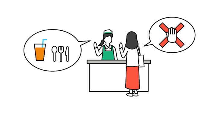 イラスト：事業者の取り組みイメージ。飲食店にて、特定プラスチック使用製品について意思を確認する店員と、使用を断るお客さん