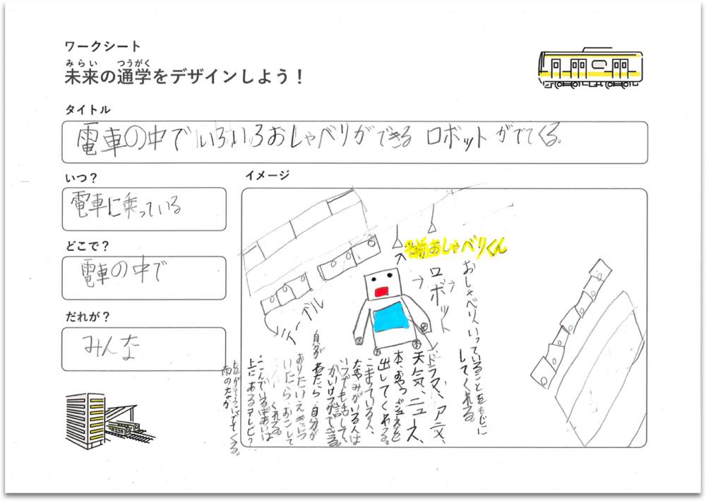川崎市立聾学校の子どもたちが「未来の通学をデザインしよう!」というワークショップで考えたアイデアの1つが、手書きでが描かれている。「電車の中でいろいろおしゃべりができるロボットがでてくる」というアイデアで、電車内に「おしゃべりくん」という名前のロボットが歩いているイラスト。おしゃべりくんの体には、ディスプレイがついており、話したことは文字化される。