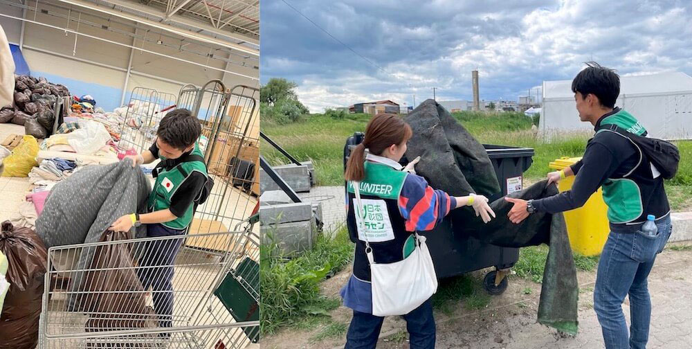 Photo of student volunteers sorting relief supplies (left) and taking out trash (right)