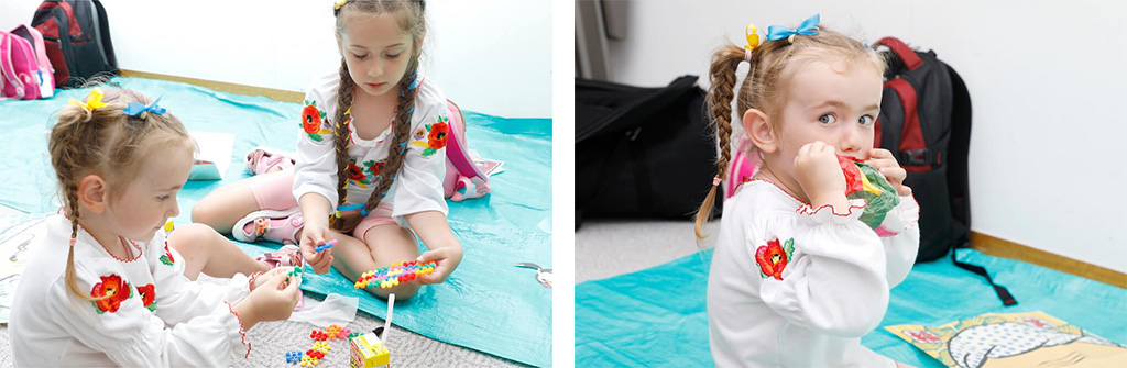 Two photos of Ms. Muliavka’s daughters playing during our interview with their mother
