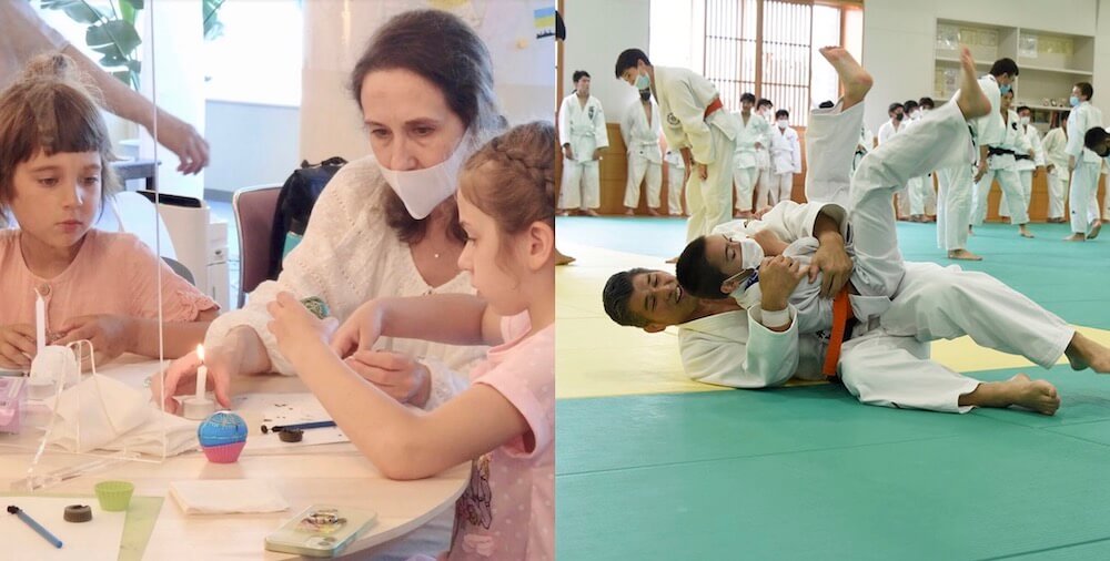 写真：左は、ドゥルーズィで開かれたウクライナの工芸品「プィーサンキ」づくりのワークショップに参加するウクライナ避難民の子どもたち。右は、オデーサ市の柔道クラブの子どもたちと市内にある浅野学園等の生徒たちとの合同練習会の様子