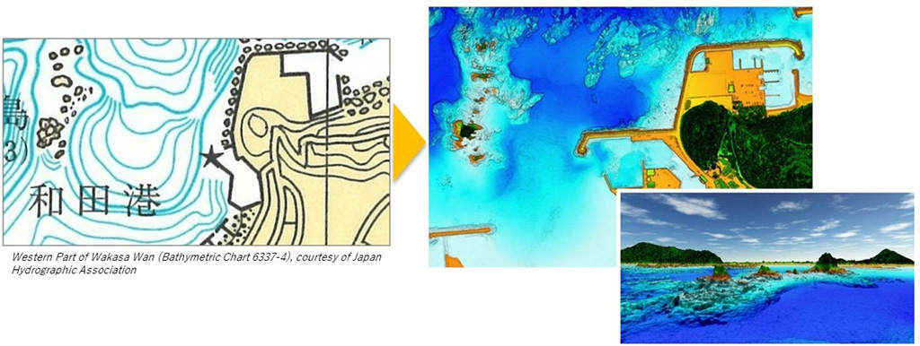Images of an existing map of the Western Part of Wakasa Wan (Bathymetric Chart 6337-4), courtesy of Japan Hydrographic Association and detailed reef topography and a 3D image