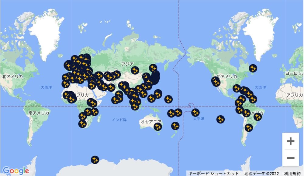 世界地図の画像。ピリカが使用されたことのある国にはピンが立っている