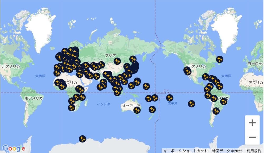 世界地図の画像。ピリカが使用されたことのある国にはピンが立っている