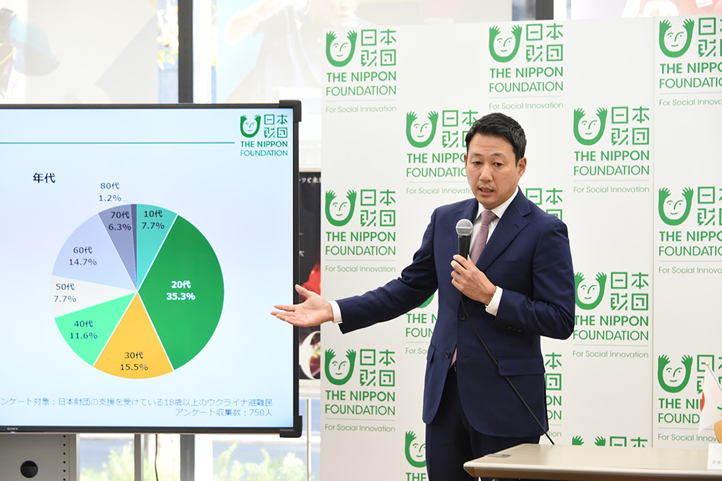 Photo of The Nippon Foundation Executive Director Jumpei Sasakawa presenting the survey results