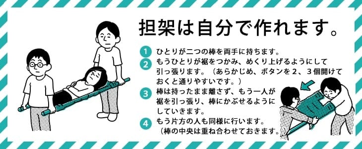 イラスト:棒2本にシャツを通すことで、2人で運ぶ用の担架を作る方法
「担架は自分で作れます」
1.ひとりが二つの棒を両手に持ちます。
2.もうひとりが裾をつかみ、 めくり上げるようにして引っ張ります。 (あらかじめ、 ボタンを2、3個開けておくと通りやすいです。)
3.棒は持ったまま離さず、 もう一人が裾を引っ張り、棒にかぶせるようにしていきます。
4.もう片方の人も同様に行います。(棒の中央は重ね合わせておきます)