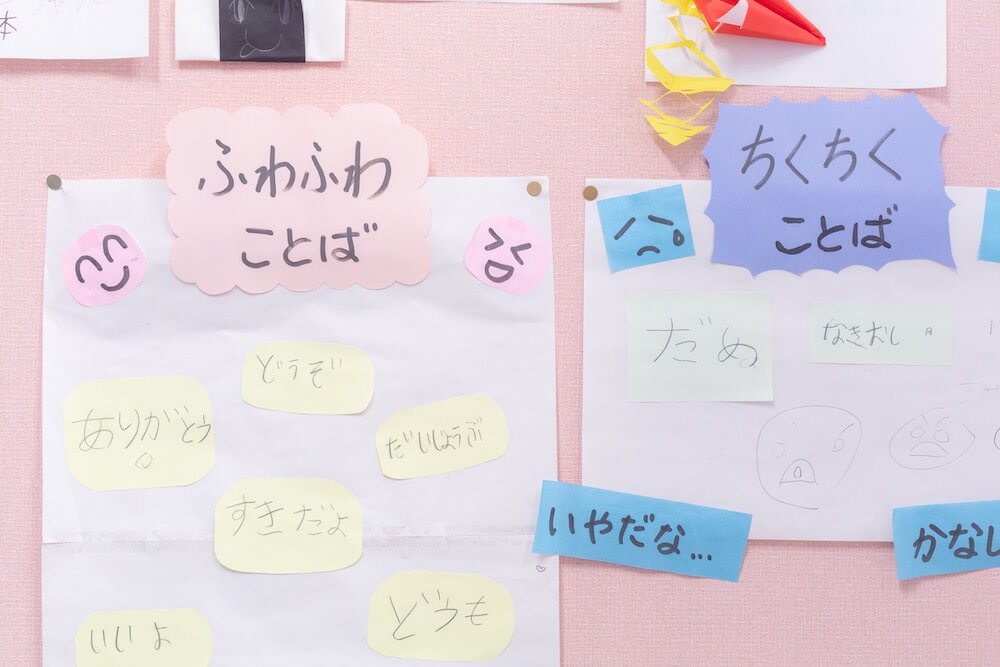 写真：教室の壁に貼られた、基本的な日本語の数々