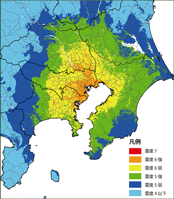 首都圏地図：
東京沿岸部の一部で震度7、隣接する周辺地域で震度6弱〜6強、山間部に行くほど隣接する周辺地域で震度5〜4の揺れになると想定