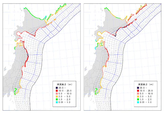 東日本地図：
日本海溝沿いでは、福島県南相馬市で19m、宮城県気仙沼市で16m、岩手県宮古市で30m、青森県八戸市で27m、千島海溝沿いでは、北海道えりも町や釧路町で28mの高い津波が推計されている