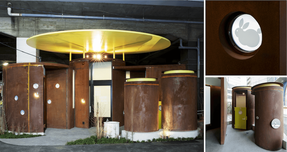 左は笹塚緑道公衆トイレの夜の写真。右上は、うさぎのシルエットを映し出す笹塚緑道公衆トイレの小窓の写真。右下は、子ども用トイレの写真
